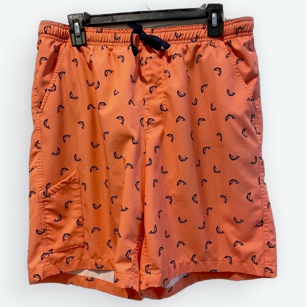 Field and Stream Fish‎ Pattern Swim Trunks Tie Front Orange Blue Medium